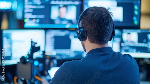 Back view of a man working on multiple monitors