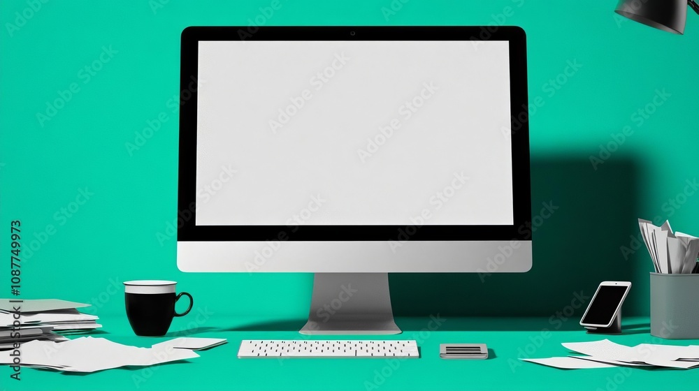 Modern Workplace Desk Setup with Blank Computer Screen Modern Workplace Desk Setup with Blank Computer Screen