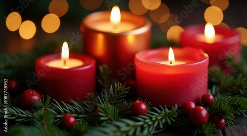 Red Christmas candles surrounded by festive greenery and berries for a warm holiday feel