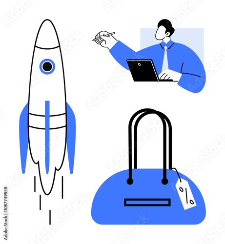 Businessman typing on laptop, a launched rocket, and a blue handbag with a tag. Ideal for business planning, entrepreneurship, e-commerce, innovation, startup growth, online shopping retail