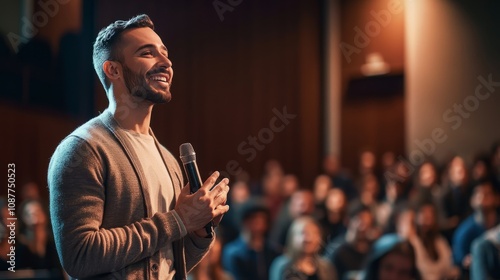 realistic photo of a presentable white man with a microphone in his hands, who is speaking in front of an audience on a small stage, smiling on his face photo