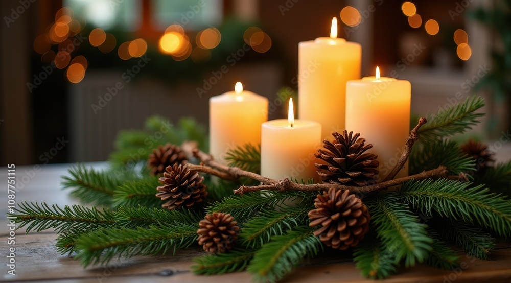 Cozy candlelit scene featuring glowing candles, pine branches, and pine cones on a wooden table, creating a warm and festive ambiance Cozy candlelit scene featuring glowing candles, pine branches, and pine cones on a wooden table, creating a warm and festive ambiance