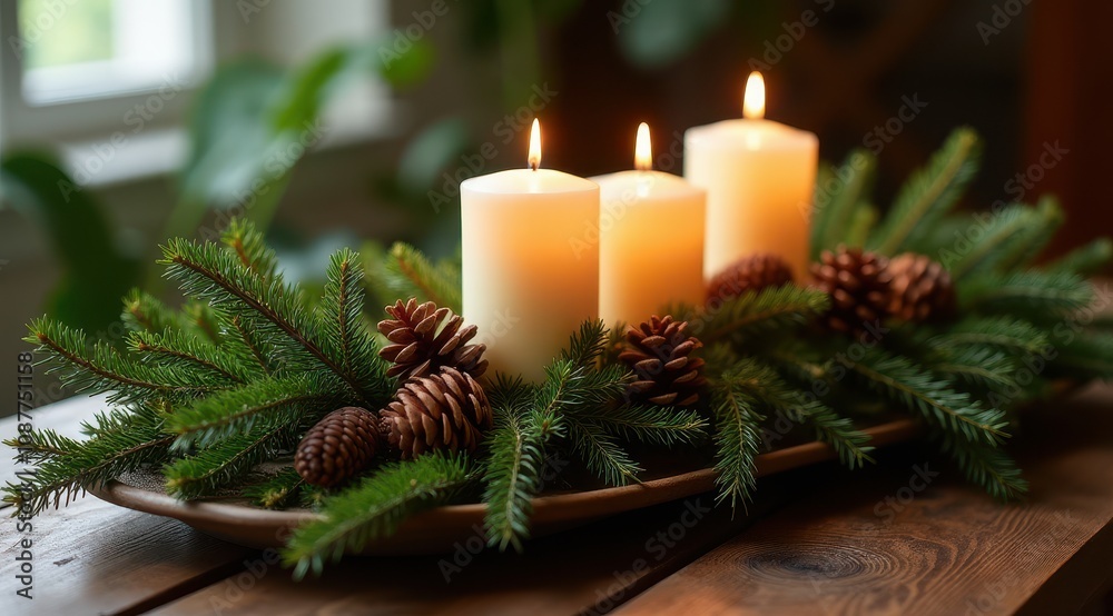 A cozy arrangement of three lit candles on a wooden tray surrounded by pine branches and pine cones, perfect for creating a warm festive atmosphere A cozy arrangement of three lit candles on a wooden tray surrounded by pine branches and pine cones, perfect for creating a warm festive atmosphere