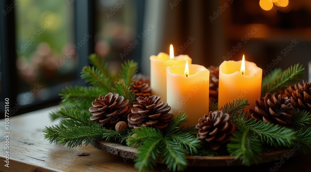 Warm candlelight glows amidst pinecones and greenery on a wooden table, creating a cozy and festive atmosphere Warm candlelight glows amidst pinecones and greenery on a wooden table, creating a cozy and festive atmosphere