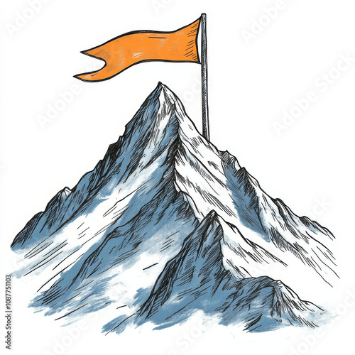 Mountain peak with flag symbolizes achievement and success