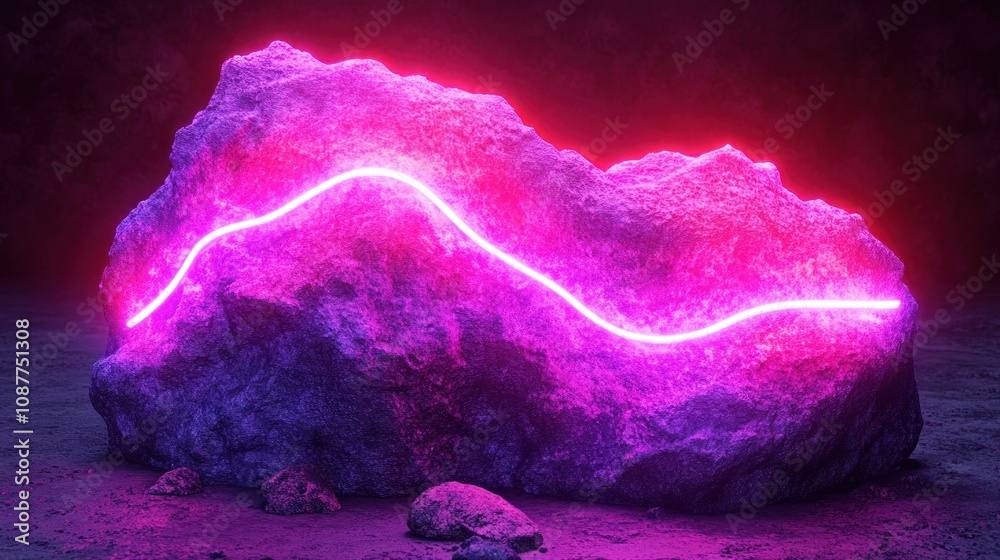 A large rock with a glowing pink neon line across it.