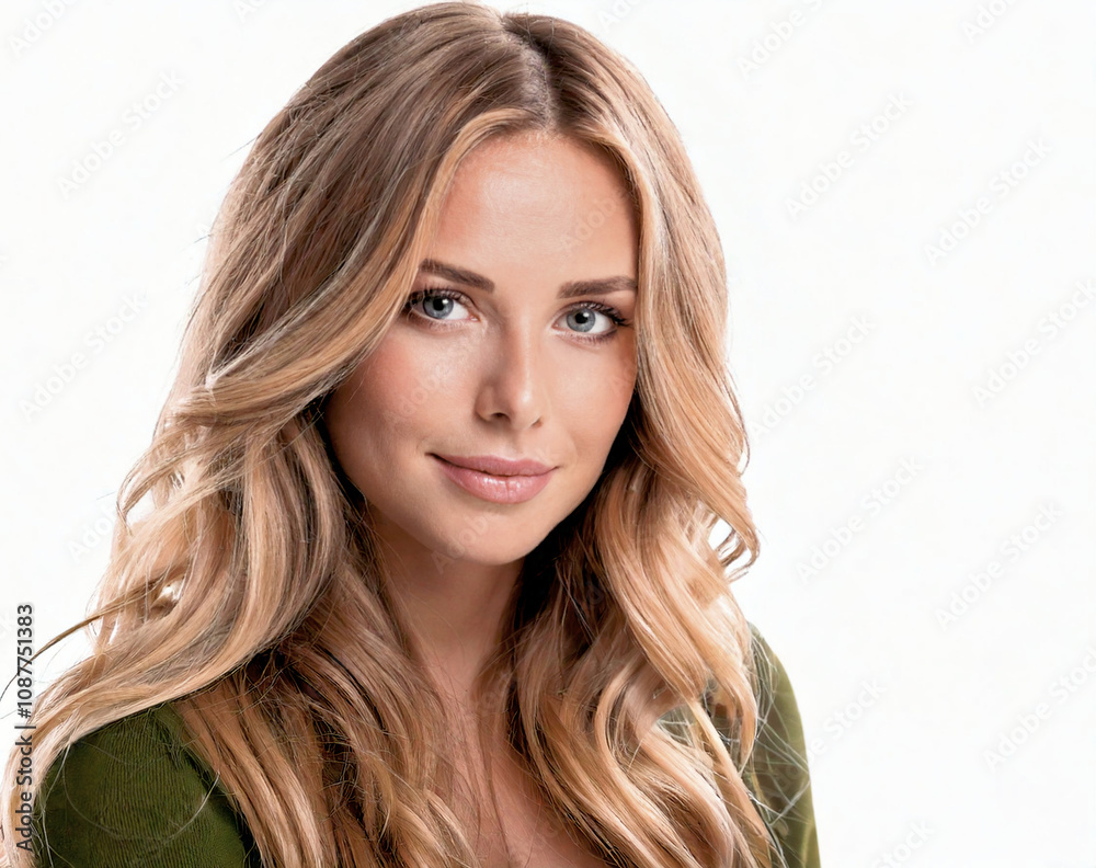 Portrait einer jungen attraktiven Frau mit langen blonden Haaren und charmantem Lächeln vor weißem Hintergrund Portrait einer jungen attraktiven Frau mit langen blonden Haaren und charmantem Lächeln vor weißem Hintergrund