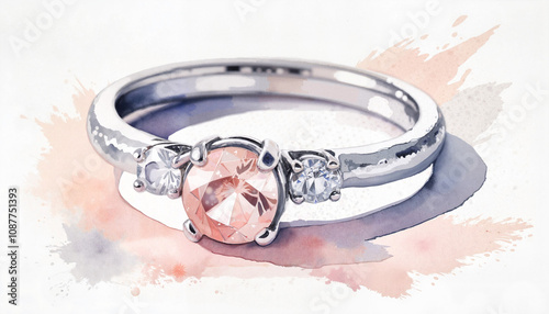  Elegant silver ring with pink gemstone in watercolor style.