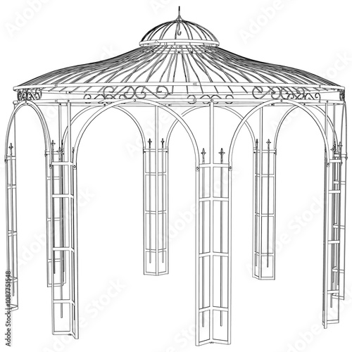 Gazebo line art vector design, featuring a shingled roof and elegant structure, set in a peaceful garden, ideal for picnics, relaxation, and nature retreats in an open outdoor space