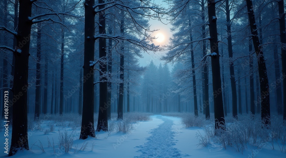A peaceful snowy path illuminated by the full moon, surrounded by bare winter trees in a tranquil setting A peaceful snowy path illuminated by the full moon, surrounded by bare winter trees in a tranquil setting