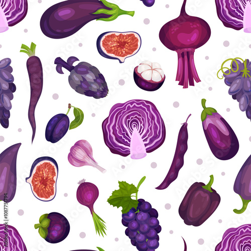 Purple Veggie and Fruit Seamless Pattern Vector Template