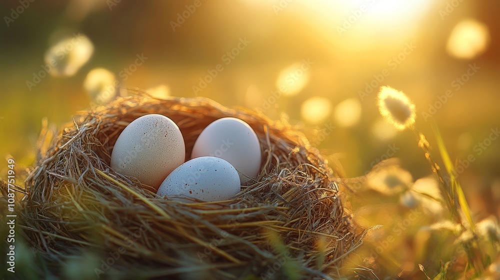 Fresh Chicken Eggs in a Straw Nest Close-Up Fresh Chicken Eggs in a Straw Nest Close-Up
