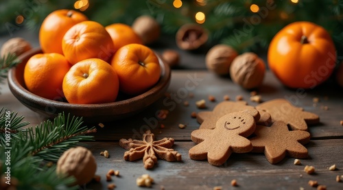 Festive still life of a wooden bowl filled with fresh mandarin oranges, surrounded by gingerbread cookies, walnuts, and pine branches on a rustic wooden table