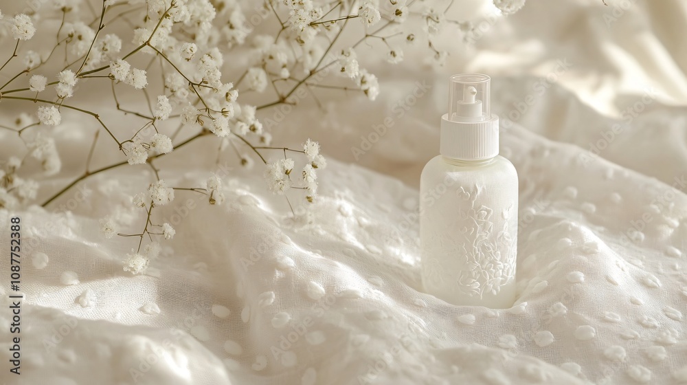 A calming jasmine-scented pillow spray, isolated on a soft fabric background with embroidered details A calming jasmine-scented pillow spray, isolated on a soft fabric background with embroidered details