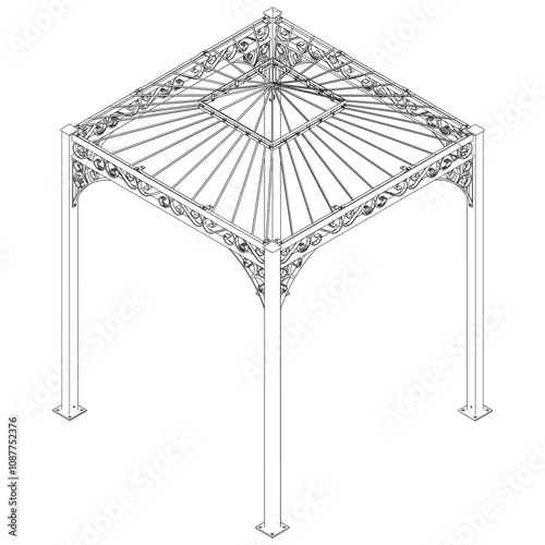 Gazebo line art vector design, featuring a shingled roof and elegant structure, set in a peaceful garden, ideal for picnics, relaxation, and nature retreats in an open outdoor space