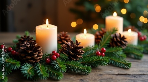 Wallpaper Mural Candles and pine cones elegantly arranged on a rustic table with evergreen branches and festive red berries, evoking a cozy holiday atmosphere Torontodigital.ca