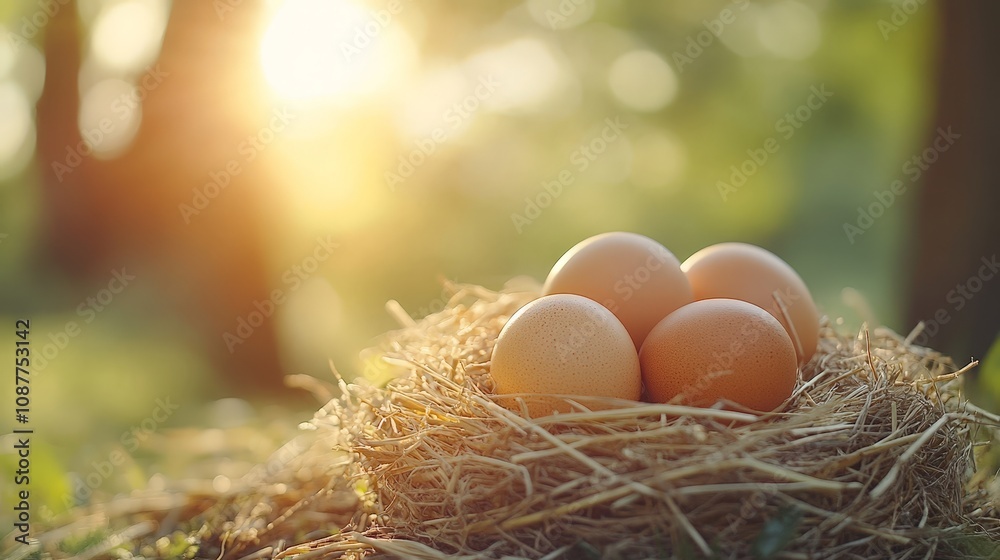 Fresh Chicken Eggs in a Straw Nest Close-Up Fresh Chicken Eggs in a Straw Nest Close-Up