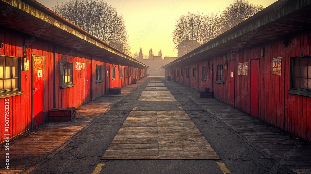 A long, narrow path lined with red buildings stretches toward a hazy cityscape in the distance. A long, narrow path lined with red buildings stretches toward a hazy cityscape in the distance.