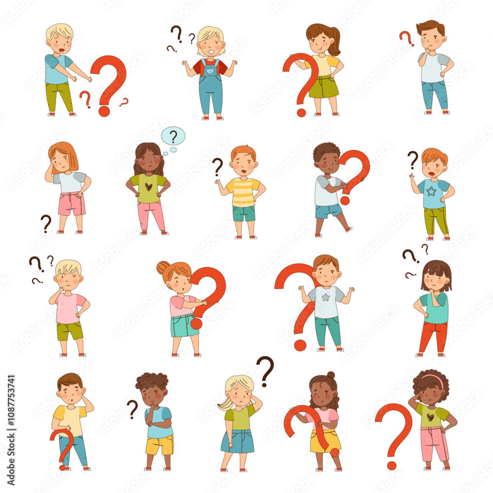 Puzzled Little Kids with Question Scratching Their Heads Wondering Vector Set Puzzled Little Kids with Question Scratching Their Heads Wondering Vector Set