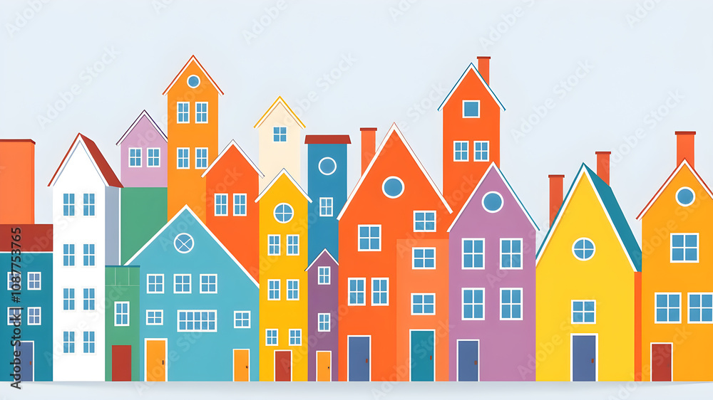 Colorful cluster of narrow tall cartoon houses. Flat style, minimalistic. Vertical Orientation. Vector illustration set for covers, prints, posters. Generative AI Colorful cluster of narrow tall cartoon houses. Flat style, minimalistic. Vertical Orientation. Vector illustration set for covers, prints, posters. Generative AI