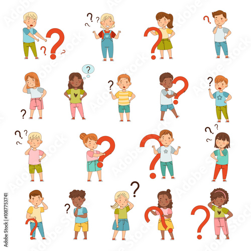 Puzzled Little Kids with Question Scratching Their Heads Wondering Vector Set