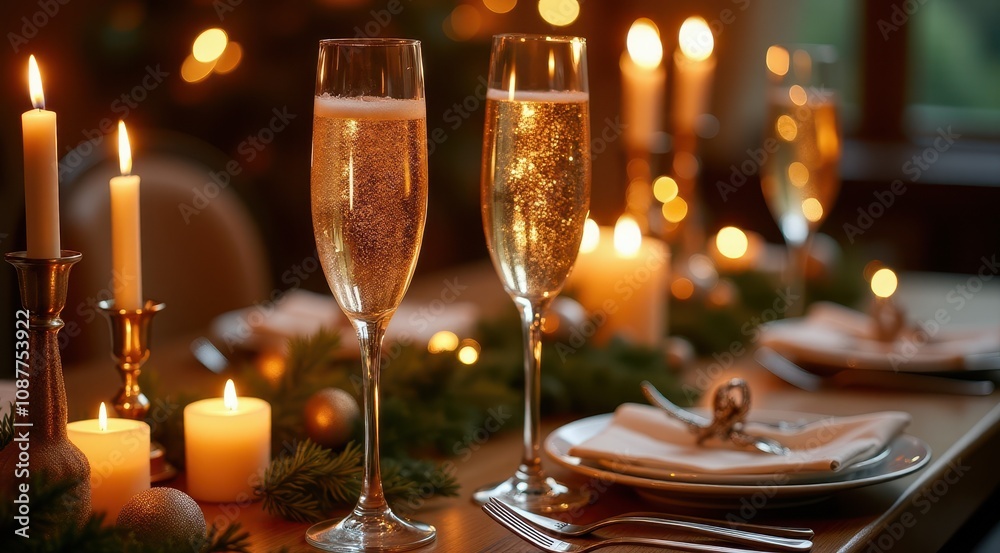 Elegant holiday dinner table setting with champagne flutes, candlelight, and festive decorations creates a warm, inviting atmosphere for celebrations Elegant holiday dinner table setting with champagne flutes, candlelight, and festive decorations creates a warm, inviting atmosphere for celebrations