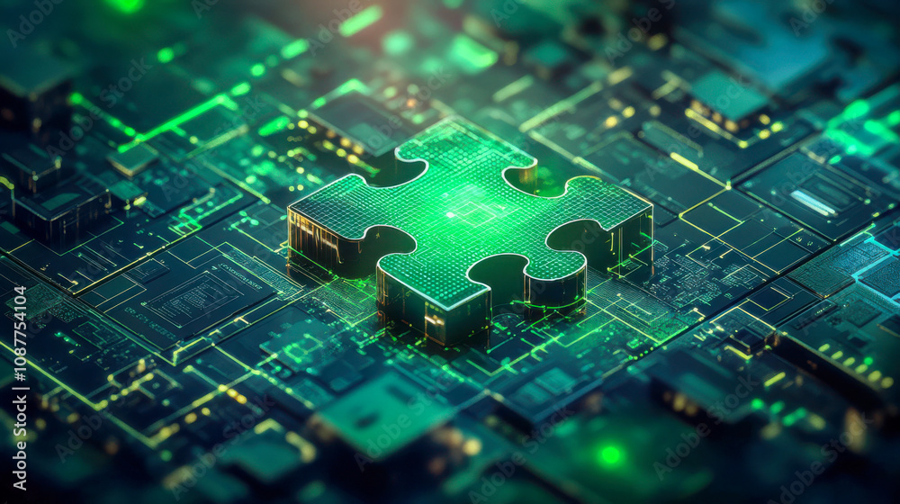 Green puzzle piece on circuit board, symbolizing technology and innovation connection