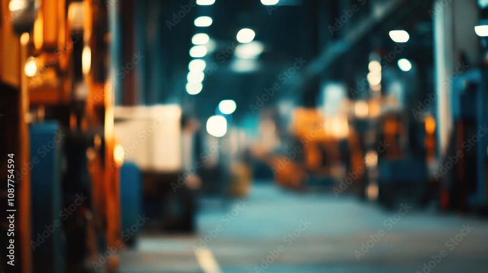 Blurred view of an industrial space with ambient lighting and machinery.