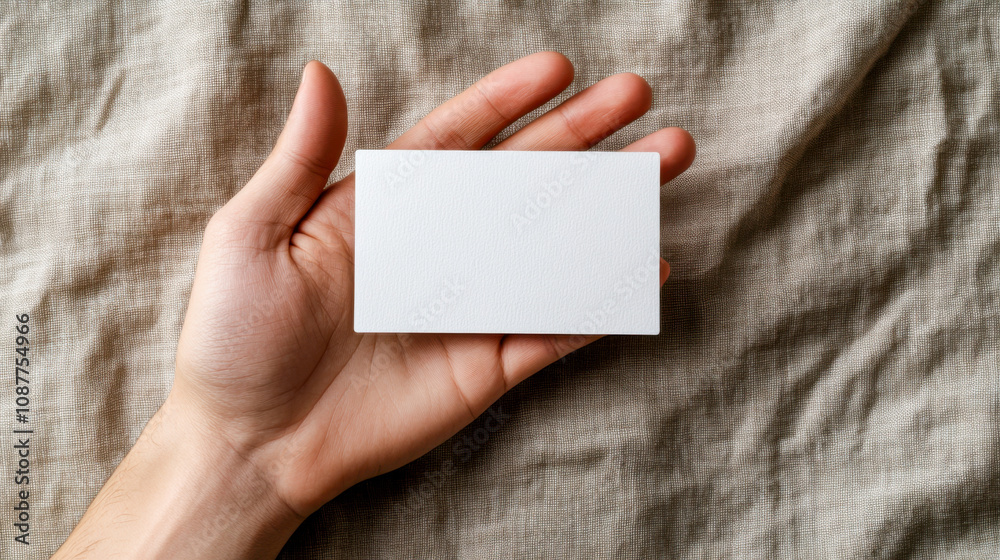 Hand holding blank card on textured fabric background, showcasing concept of minimalistic design Hand holding blank card on textured fabric background, showcasing concept of minimalistic design