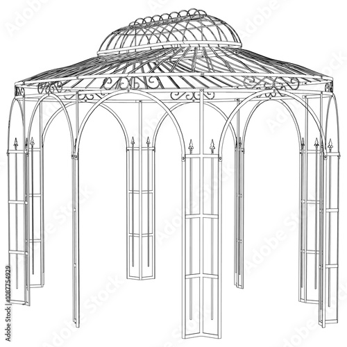 Gazebo line art vector design, featuring a shingled roof and elegant structure, set in a peaceful garden, ideal for picnics, relaxation, and nature retreats in an open outdoor space
