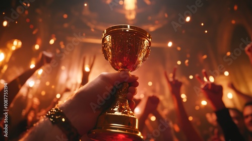 A hand holds a golden trophy amidst a cheering crowd in a lively celebration.