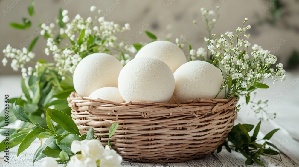 Jasmine bath bombs in a rustic wicker basket, styled with sprigs of greenery and flowers Jasmine bath bombs in a rustic wicker basket, styled with sprigs of greenery and flowers