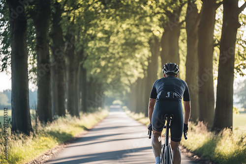 A cyclist riding down a tree-lined road during early morning light in a tranquil landscape photo