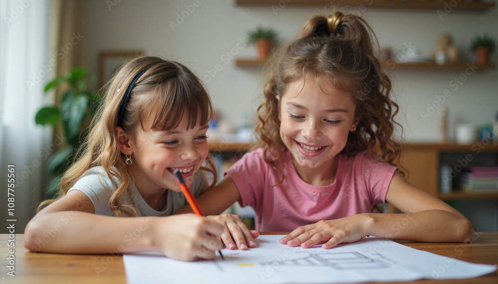 In a warm and inviting room, two girls are happily engaged in drawing In a warm and inviting room, two girls are happily engaged in drawing