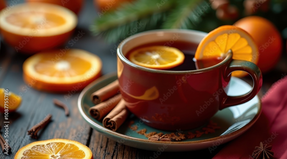 A warm mug of mulled wine with orange slices and cinnamon sticks, evoking cozy winter vibes on a rustic wooden table A warm mug of mulled wine with orange slices and cinnamon sticks, evoking cozy winter vibes on a rustic wooden table