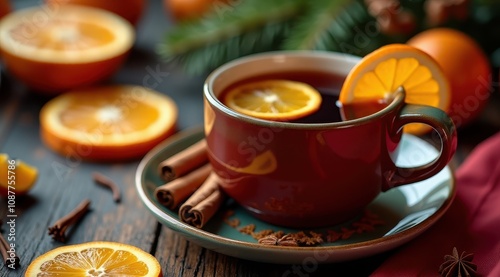 A warm mug of mulled wine with orange slices and cinnamon sticks, evoking cozy winter vibes on a rustic wooden table