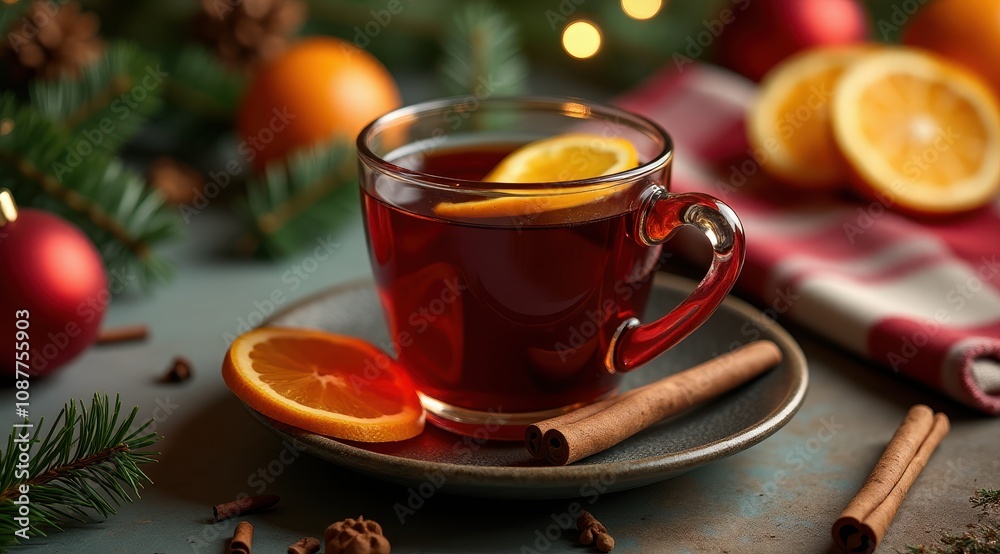 Glass cup of steaming mulled wine with sliced oranges, cinnamon sticks, and Christmas decorations in a cozy, festive setting Glass cup of steaming mulled wine with sliced oranges, cinnamon sticks, and Christmas decorations in a cozy, festive setting