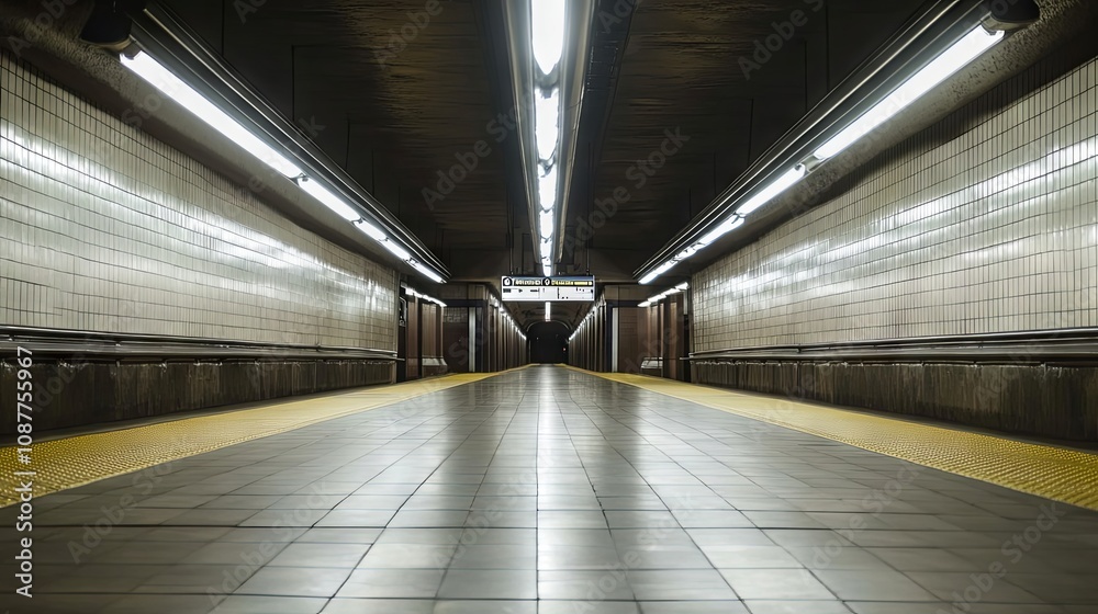 Fototapeta premium Subway Station Interior: Tiled Walls, Fluorescent Lights, and a Long Corridor