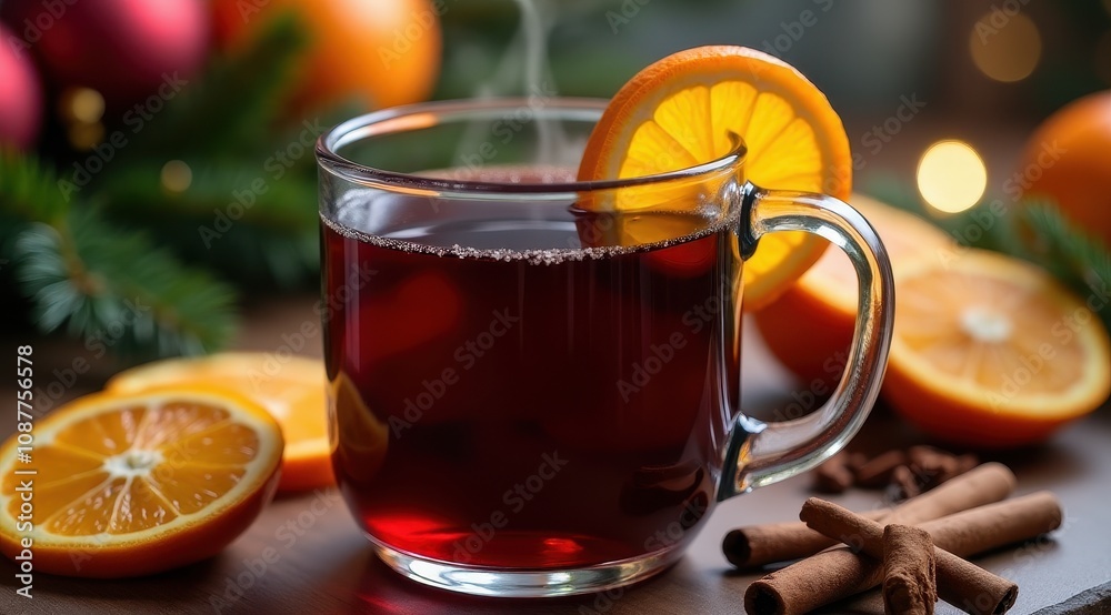 A steaming glass of mulled wine with an orange slice, surrounded by fresh oranges and cinnamon sticks, evokes warmth and festive cheer A steaming glass of mulled wine with an orange slice, surrounded by fresh oranges and cinnamon sticks, evokes warmth and festive cheer