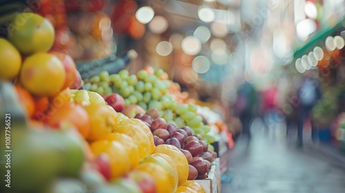 A defocused glimpse of sundrenched stalls overflowing with ripe produce.