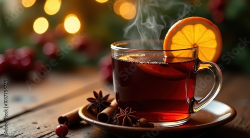 A steaming glass of mulled wine garnished with a slice of orange, surrounded by cinnamon sticks and star anise, evokes a warm, festive atmosphere