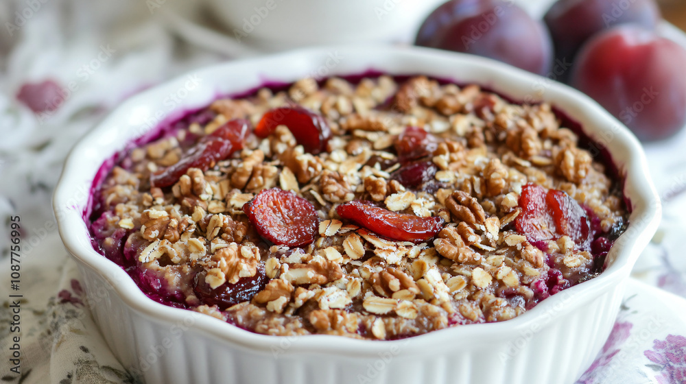 Baked plum oatmeal with crunchy walnuts. Baked plum oatmeal with crunchy walnuts.