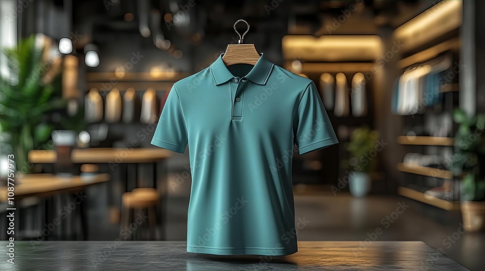 Teal Polo Shirt Mockup on Hanger in Modern Store Teal Polo Shirt Mockup on Hanger in Modern Store