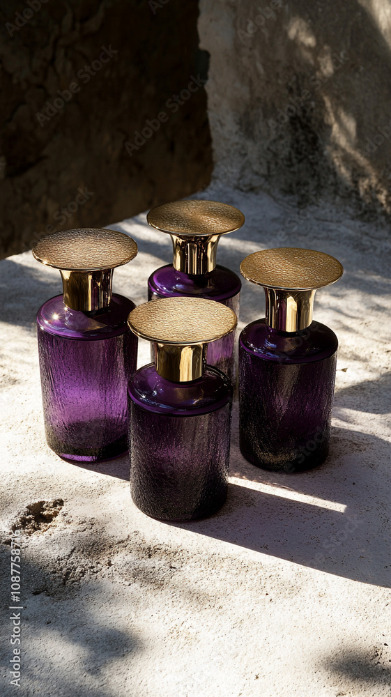 A bottle of purple perfume. Perfume advertising. A bottle of purple perfume. Perfume advertising.