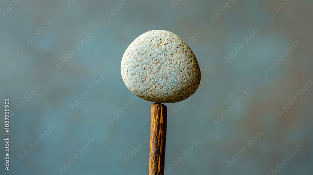 Smooth gray stone balanced on wooden stick with blue blurred background Smooth gray stone balanced on wooden stick with blue blurred background