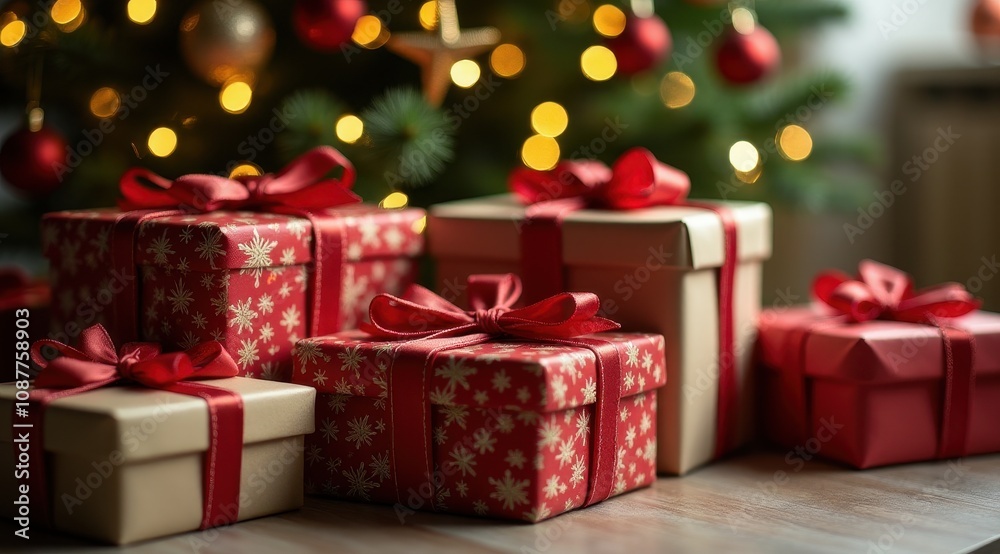 Festive Christmas gifts with red bows sit under a decorated tree, glowing warmly with holiday lights Festive Christmas gifts with red bows sit under a decorated tree, glowing warmly with holiday lights