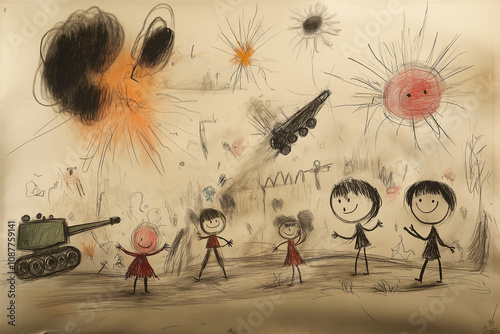 A child drawing made with colorful pencils depicting the horrors of war around children.	