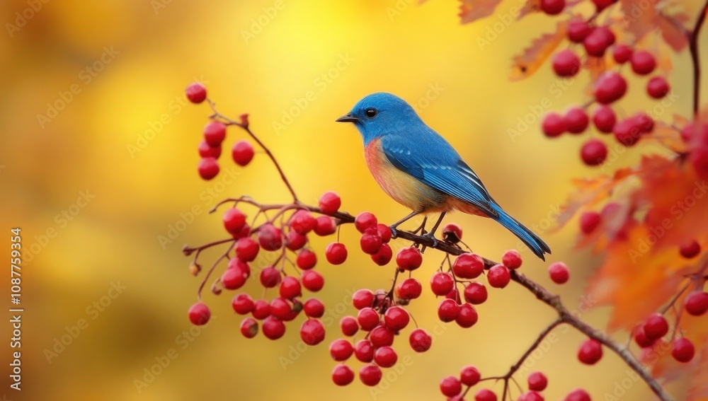 Bluebird Perched on a Branch with Red Berries Bluebird Perched on a Branch with Red Berries