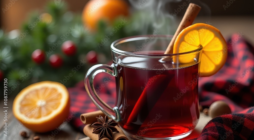 Steaming glass mug of mulled wine with cinnamon and orange slice, surrounded by fresh ingredients and festive greenery Steaming glass mug of mulled wine with cinnamon and orange slice, surrounded by fresh ingredients and festive greenery