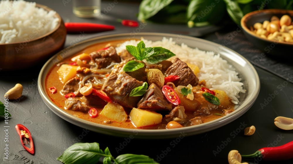 A mouthwatering platter of Thai massaman curry, rich and fragrant curry with tender beef A mouthwatering platter of Thai massaman curry, rich and fragrant curry with tender beef